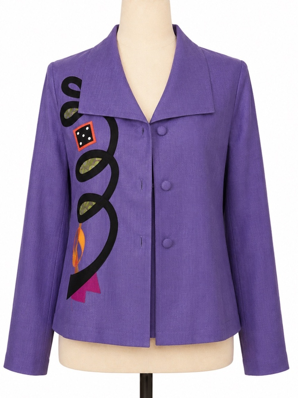 Vintage 80s Purple Women's Button Jacket with Graphic appliqués.  Fits like M